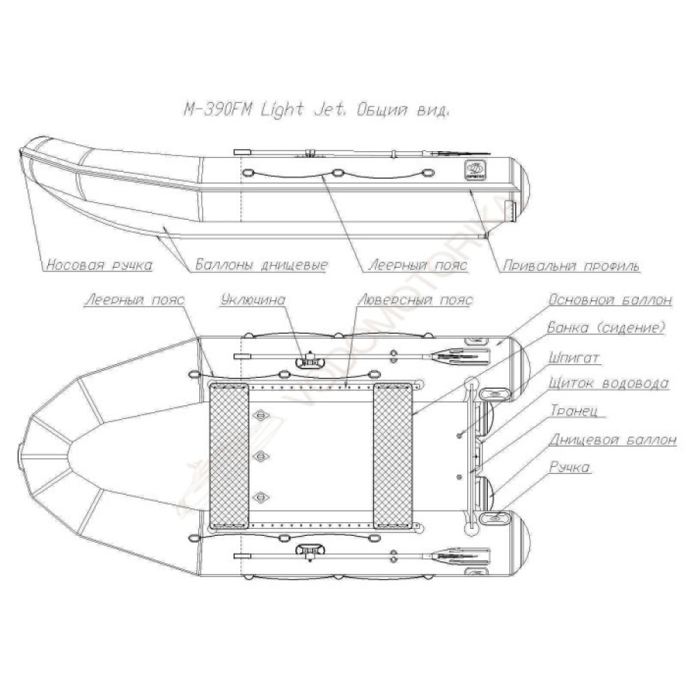Надувная лодка Фрегат М-390 FM Light Jet ( серый ) комбинированный транец