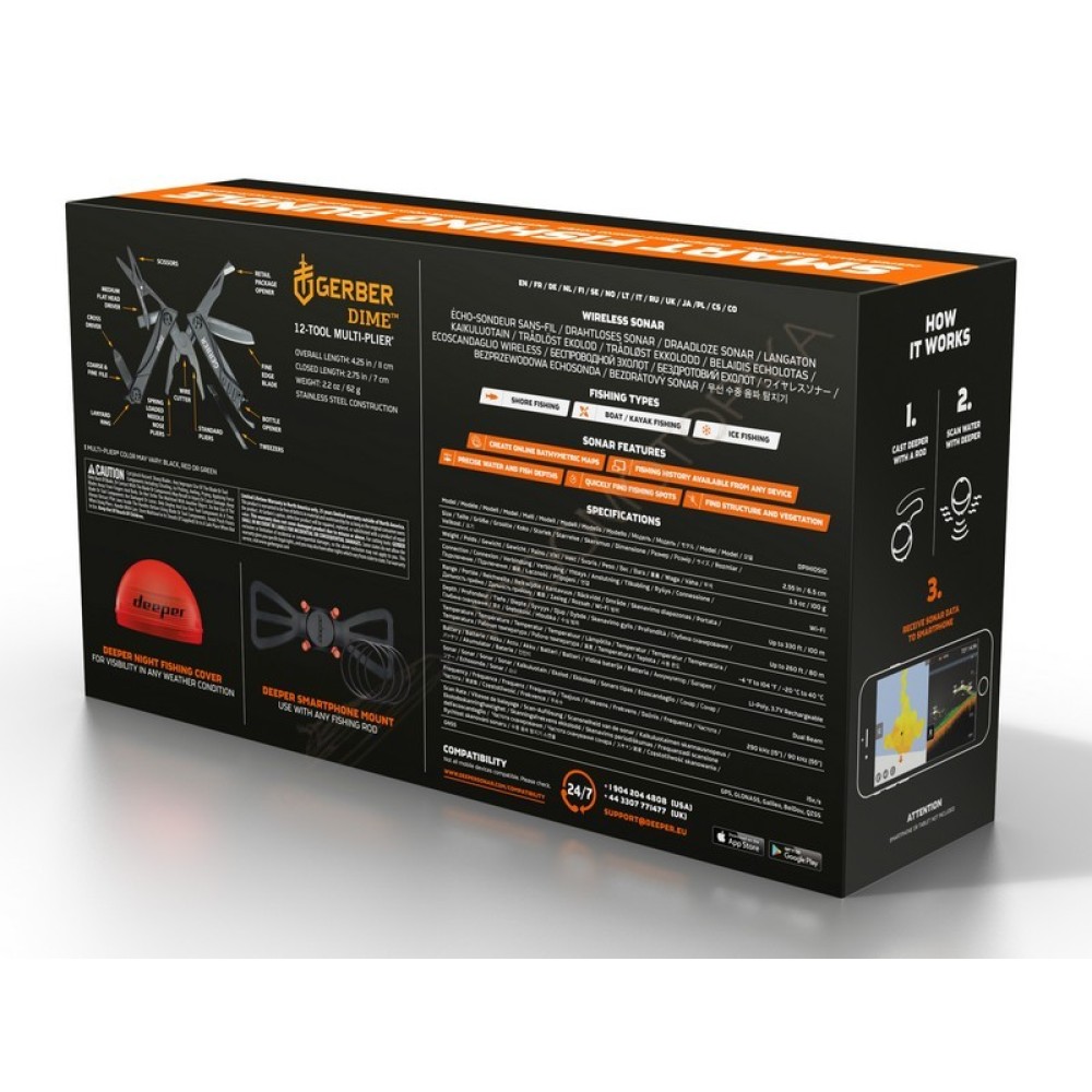 Новогодний набор Deeper PRO+ с крышкой для ночной рыбалки, держателем для смартфона и мультитулом Gerber